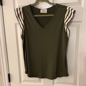 Olive Green V-Neck Top with Striped Flutter Sleeves